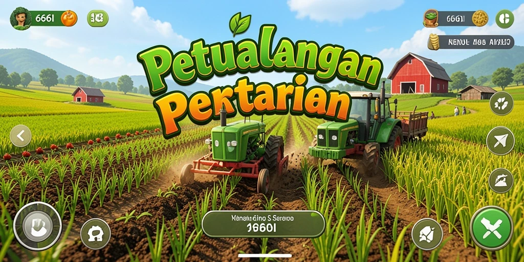 Screenshot utama 666I menampilkan petani mengelola ladang yang hijau.