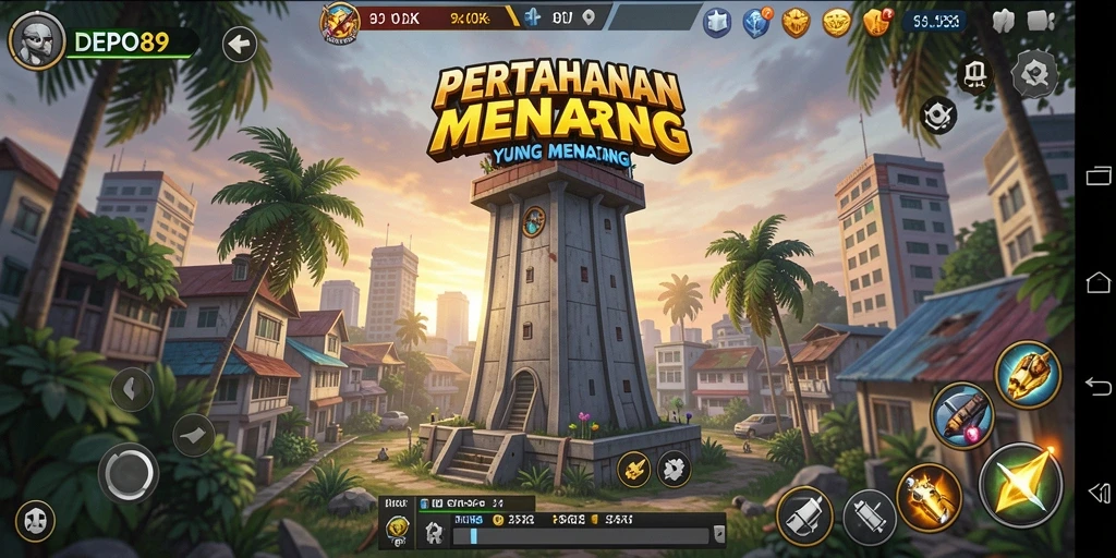 Tangkapan layar DEPO89 menunjukkan gameplay seru dengan menara pertahanan yang aktif.